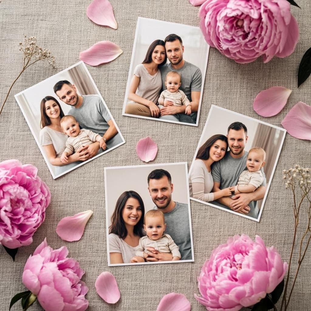 Rasute pojedinačne porodične fotografije na toploj lanenoj podlozi sa laticama božura